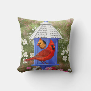 Cardinals and Blue Birdhouse Throw Pillow