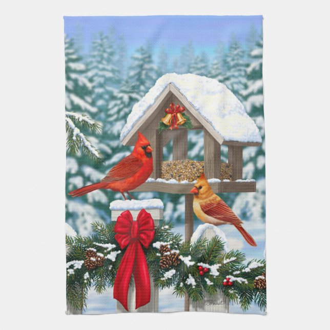 Cardinals and Christmas Bird Feeder Kitchen Towel (Vertical)