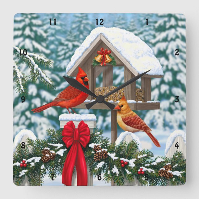 Cardinals and Christmas Bird Feeder Square Wall Clock (Front)