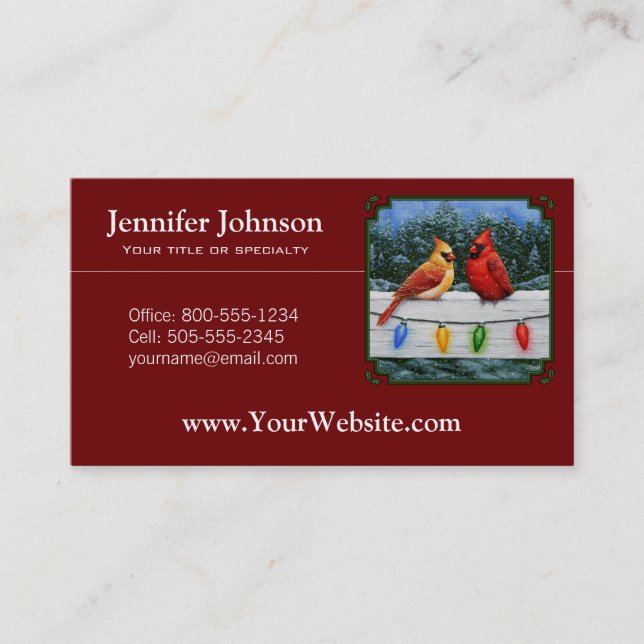Cardinals and Christmas Lights Red Business Card (Front)