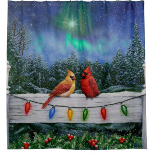 Cardinals and Christmas Lights Winter Snow