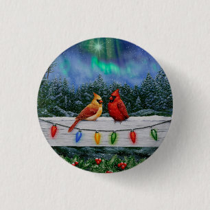 Cardinals and Christmas Lights Winter Snow 1 Inch Round Button