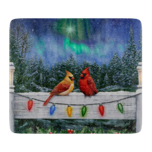 Cardinals and Christmas Lights Winter Snow Cutting Board