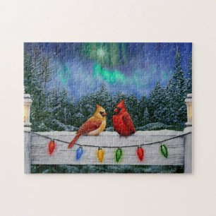 Cardinals and Christmas Lights Winter Snow Jigsaw Puzzle