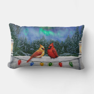 Cardinals and Christmas Lights Winter Snow Lumbar Pillow