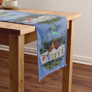 Cardinals and Christmas Lights Winter Snow Medium Table Runner