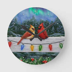 Cardinals and Christmas Lights Winter Snow Round Clock