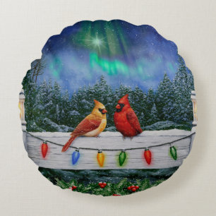 Cardinals and Christmas Lights Winter Snow Round Pillow
