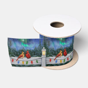 Cardinals and Christmas Lights Winter Snow Satin Ribbon
