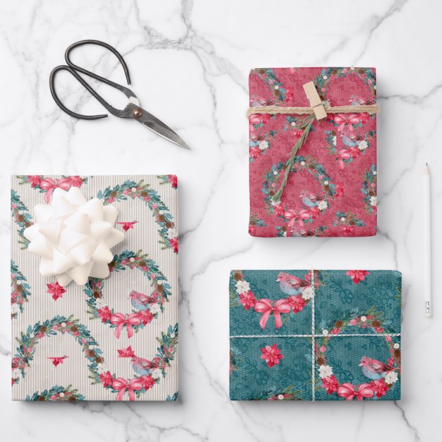 Cardinals and Christmas Wreath Wrapping Paper Sheet (Front)