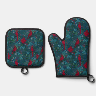 Cardinals and conifers, winter holiday pattern  oven mitt & pot holder set