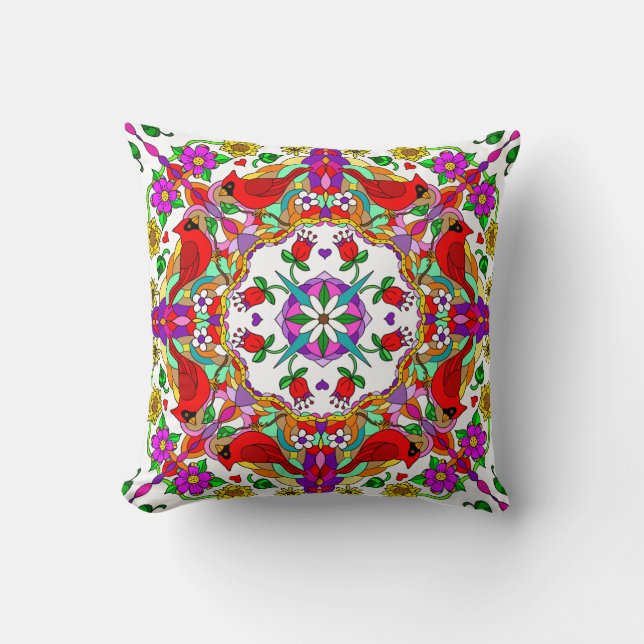 Cardinals and Flowers Mandala Pretty Colourful Throw Pillow (Front)