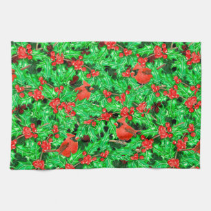 Cardinals and holly berry kitchen towel