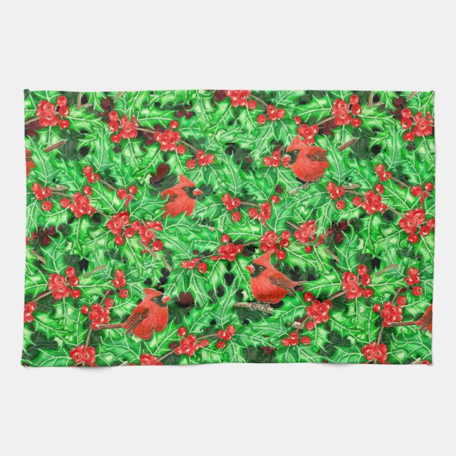 Cardinals and holly berry kitchen towel (Horizontal)