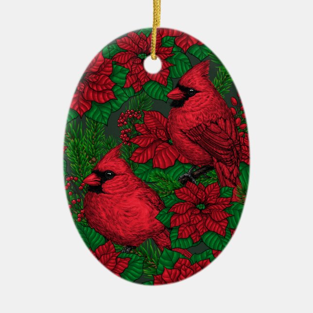 Cardinals and poinsettia for Christmas Ceramic Ornament (Front)
