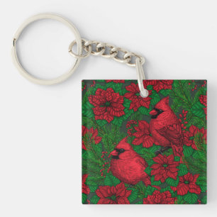 Cardinals and poinsettia for Christmas Keychain