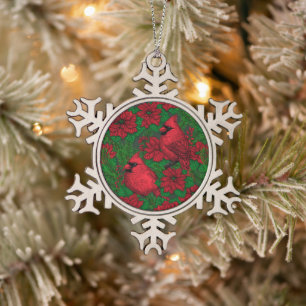 Cardinals and poinsettia for Christmas Snowflake Pewter Christmas Ornament