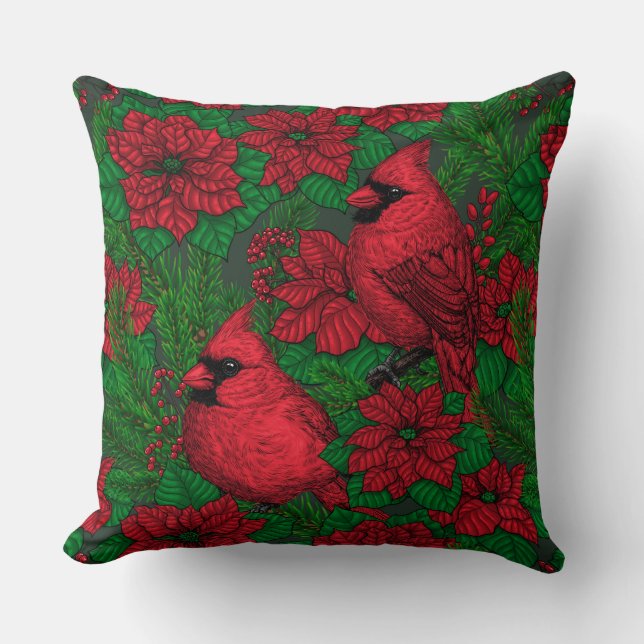 Cardinals and poinsettia for Christmas Throw Pillow (Front)