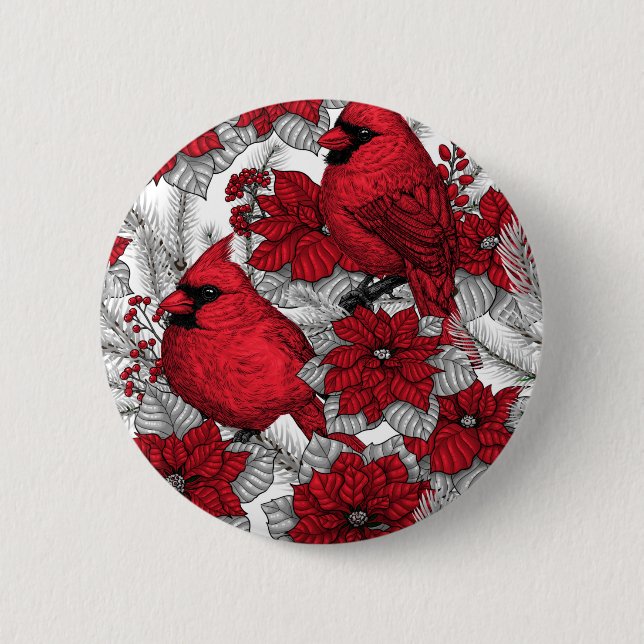 Cardinals and poinsettia in red and white 2 inch round button (Front)