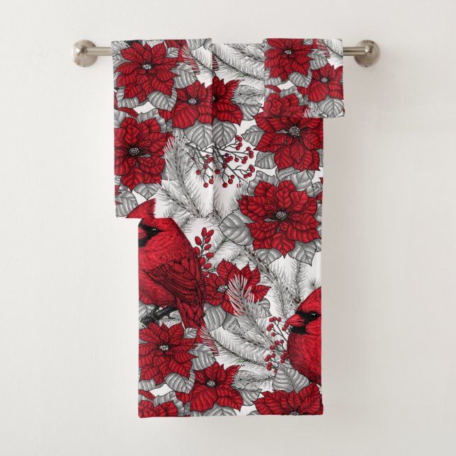 Cardinals and poinsettia in red and white bath towel set (Insitu)