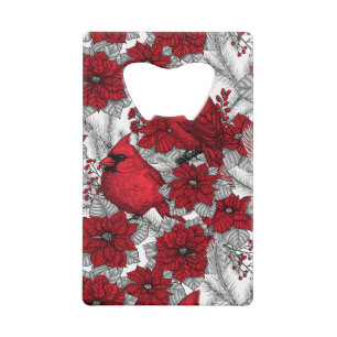 Cardinals and poinsettia in red and white credit card bottle opener