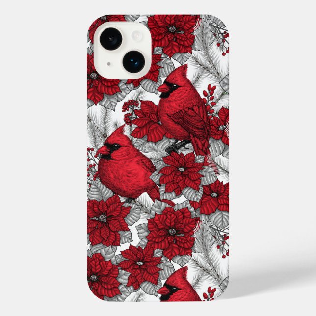 Cardinals and poinsettia in red and white iPhone case (Back)