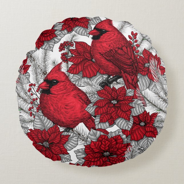 Cardinals and poinsettia in red and white round pillow (Front)