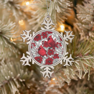 Cardinals and poinsettia in red and white snowflake pewter christmas ornament