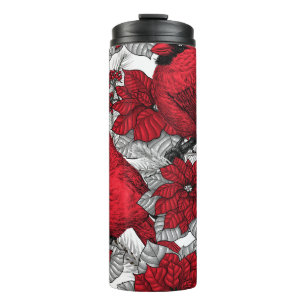 Cardinals and poinsettia in red and white thermal tumbler