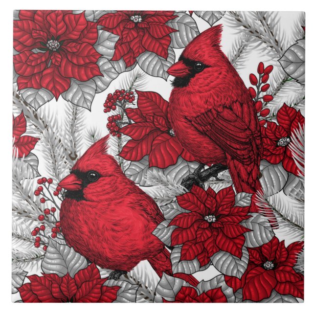 Cardinals and poinsettia in red and white tile (Front)