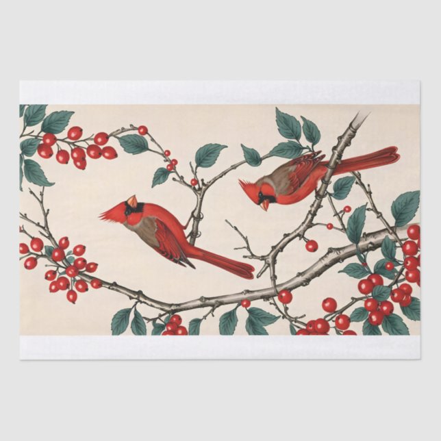 Cardinals and Red Berries Decoupage Tissue Paper (Front)