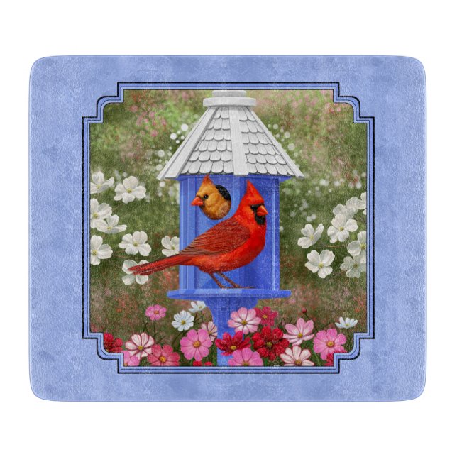 Cardinals and Round Birdhouse Blue Cutting Board (Front)