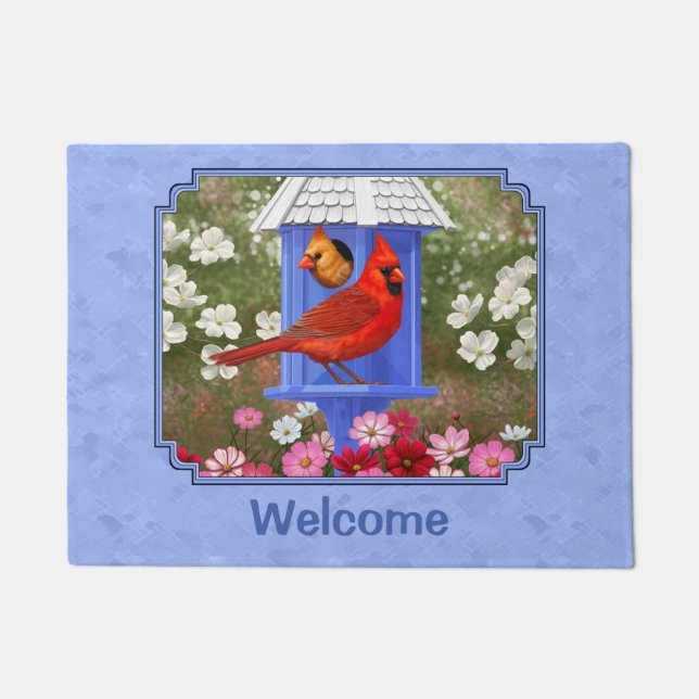 Cardinals and Round Birdhouse Blue Doormat (Front)