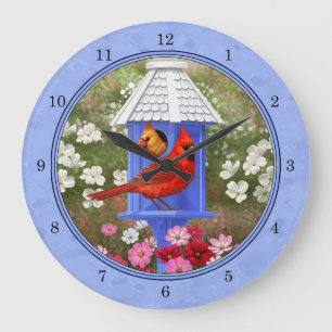 Cardinals and Round Birdhouse Blue Large Clock