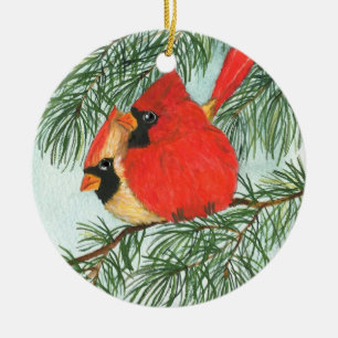 cardinals and snowman ceramic ornament