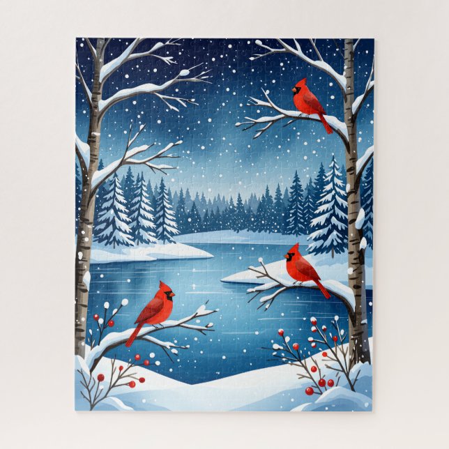Cardinals by a Snowy Lake Winter Scene Jigsaw Puzzle (Vertical)