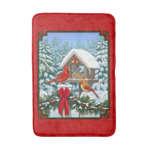 Cardinals Christmas Birdfeeder Red Bath Mat