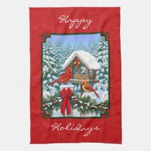 Cardinals Christmas Birdfeeder Red Kitchen Towel