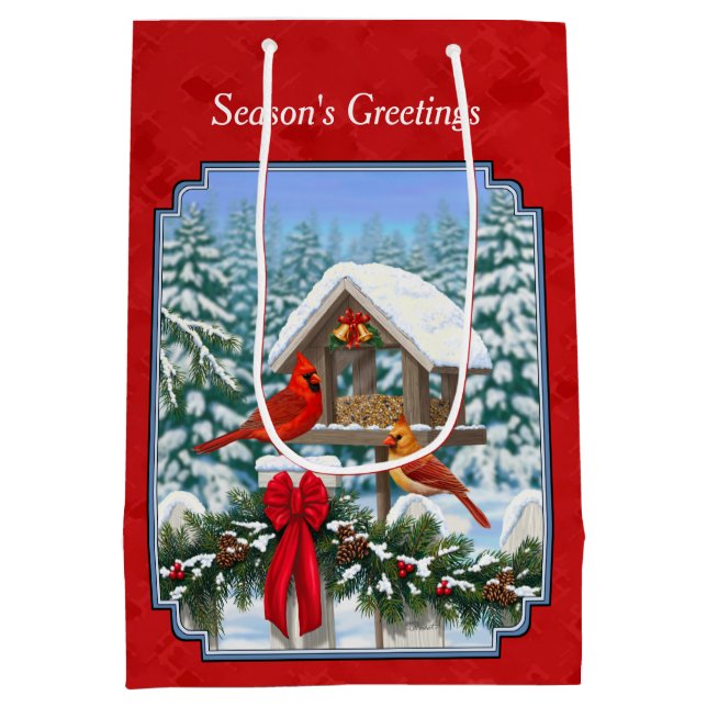 Cardinals Christmas Birdfeeder Red Medium Gift Bag (Back)