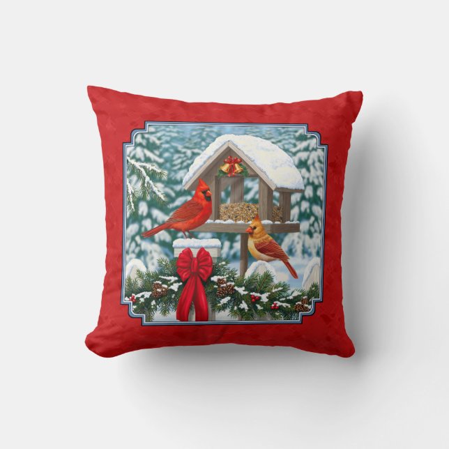 Cardinals Christmas Birdfeeder Red Throw Pillow (Front)