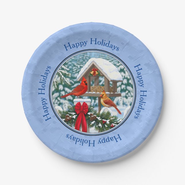 Cardinals Christmas Feast Blue Paper Plate (Front)