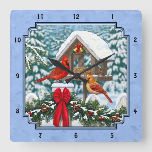 Cardinals Christmas Feast Blue Square Wall Clock (Front)