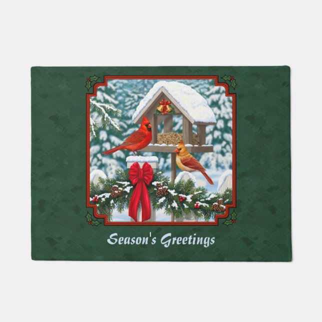 Cardinals Christmas Feast Green Doormat (Front)