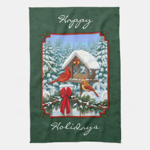 Cardinals Christmas Feast Green Kitchen Towel