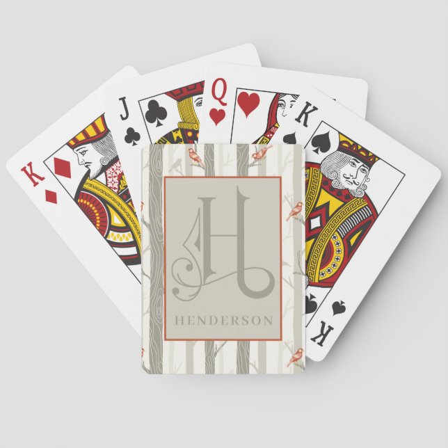 Cardinals in Birch Tree Pattern H Monogram, Bicycl Playing Cards (Back)