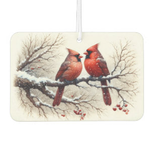 Cardinals in Snow on Tree Branch Red Berries  Air Freshener
