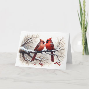 Cardinals in Snow on Tree Branch Red Berries Card