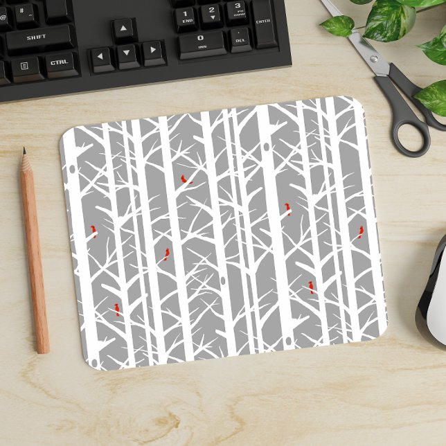 Cardinals in the Birch Trees in Light Grey Mouse Pad (Creator Uploaded)