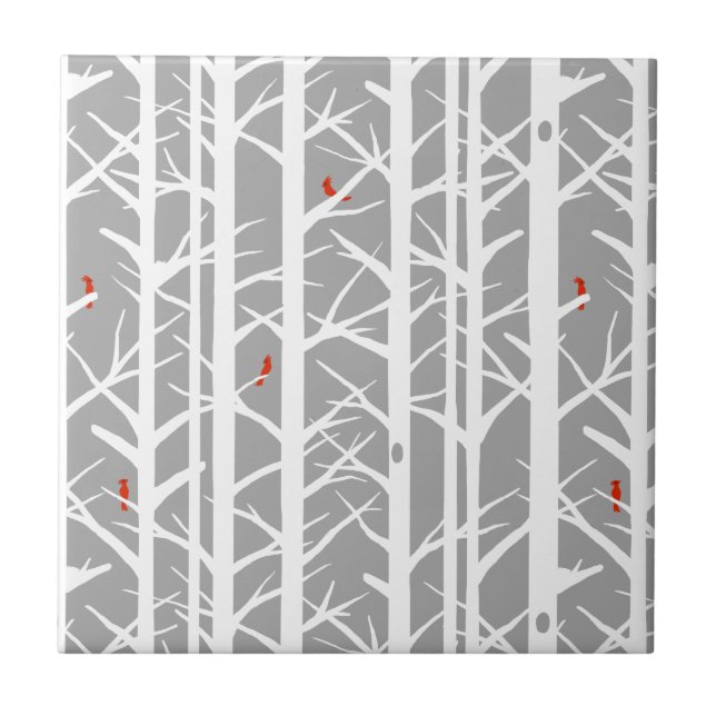 Cardinals in the Birch Trees in Light Grey Tile (Front)