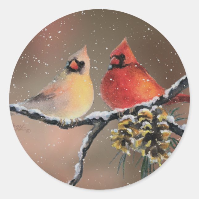 CARDINALS in the SNOW by SHARON SHARPE Classic Round Sticker (Front)